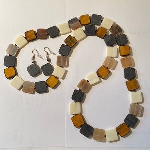 Fashion Necklace - grey, ivory, amber and taupe colors with matching earrings.